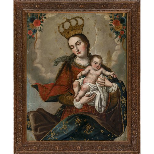 Italien, 18. Jh. Darstellung der Mutter Gottes mit Jesuskind. Öl/Lw.  96 x 76 cm. Unsign. Alterungsspuren, rest. doubl.