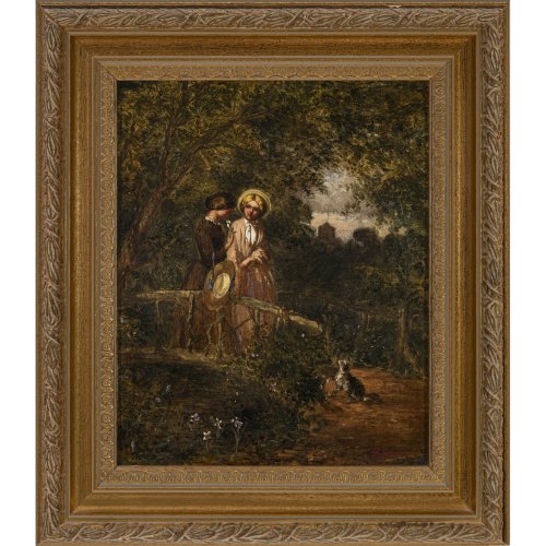 England, 19. Jh. Galante Damen beim Spaziergang im Park. Öl/Lw. 26,5 x 21,5 cm. Sign. 