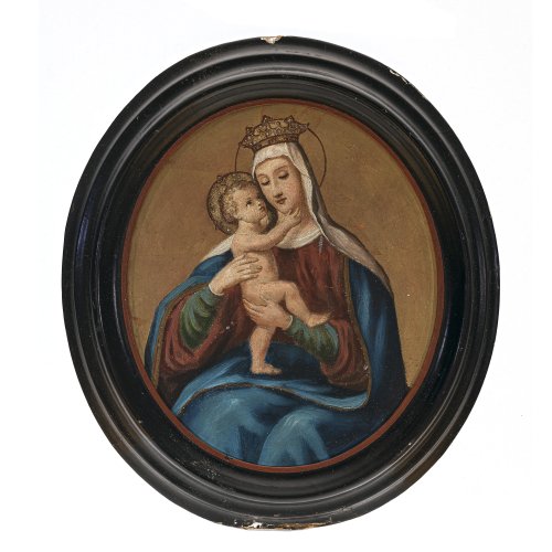 Deutsch, Anfang 19. Jh. Muttergottes mit Jesuskind. Öl/Metall. 29 x 25 cm. Alterungsspuren und teilweise Farbabrieb.
