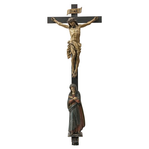 Kreuzigungsgruppe.  Jorhan Christian d. Ältere, zugeschrieben. Holz, übergangene Fassung. H. 73 cm (Corpus). Trauernde Maria 19. Jh.