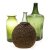 Zwei Flaschen und eine Vase. Olivgrünes bzw. grünes Glas. Vorratsflasche achtkantig. Beutelflasche mit Korbgeflecht. Alterungs- und Gebrauchsspuren, best. Herstellungsbedingte Blasen. H. ca. 33-42 cm, Vase H. 28 cm.