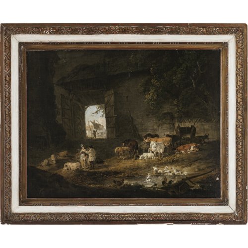 Ibbetson, Julius Caesar. Hirtenszene mit Tieren. Öl/Lw. 50 x 65 cm. Alte Doublierung. Rest., sign., dat. 1792. Min. Farbabplatzung.