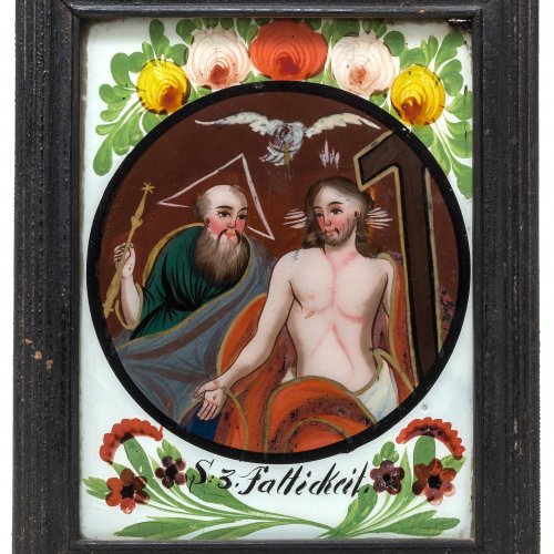 Hinterglasbild, Heilige Dreifaltigkeit. Oberammergau, 19. Jh. 22,5 x 17 cm.
