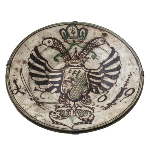 Breitrandschüssel (Gründonnerstagsschüssel). Perg im Mühlviertel. Irdenware, farbig bemalt. Doppeladlermotiv. Best., Alterungsspuren. ø 44,5 cm.