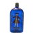 Schnapsflasche. Kobaltblaues Glas, farbiger Dekor, Kavalier mit Trinkglas, Zinnschraubverschluss. H. 14 cm.