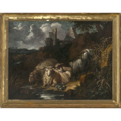 Roos, Philipp Peter. Schafherde und eine Ziege vor Ruinen.  Öl/Lw. Holz. 75 x 100,5 cm. Rest., unsign. Rücks. bez.: Rom 1705.