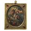 Reiseikone. Öl/Metall. Griechenland. Doppelseitige Andachtstafel mit hl. Georg und hl. Dimitrios. 13,2 x 11 cm. Rest. Ein Stein fehlt.