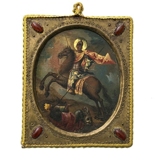 Reiseikone. Öl/Metall. Griechenland. Doppelseitige Andachtstafel mit hl. Georg und hl. Dimitrios. 13,2 x 11 cm. Rest. Ein Stein fehlt.