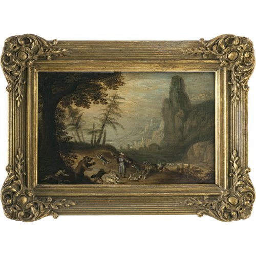 Süddeutsch, 18. Jh. Wilde Bären überfallen eine Familie. Öl/Kupfer. 11,6 x 18 cm. Rest., unsign.