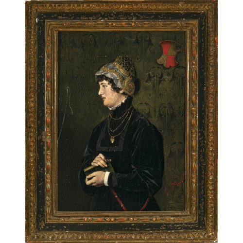 Meisel, Ernst. Porträt eines jungen Mädchens mit Haube und Wappen. Öl/Holz. 32 x 23,5 cm. Rest., sign. Min. Kratzer.