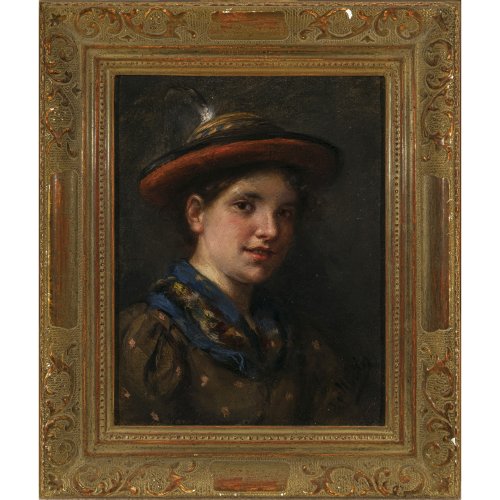 Müller, Emma von (Edle von Seehof). Mädchen in Tracht. Öl/Karton. 26,5 x 21 cm. Rest., sign.