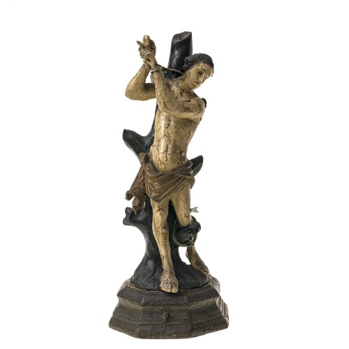 Hl. Sebastian. Bayern, 19. Jh. Holz, übergangene Fassung. H.37,5 cm. Rest., Finger fehlen.