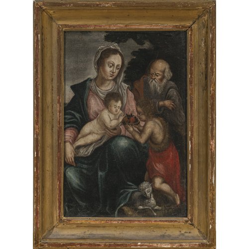Hl. Familie mit dem Johannesknaben. Öl/Lw. 46 x 32 cm. Rest., doubl. Unsign.