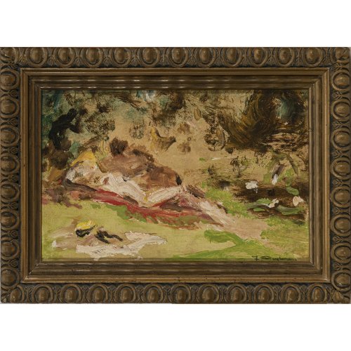 Seyler, Julius. Liebespaar im Wald. Öl/Karton. 14 x 21,5 cm. Sign.