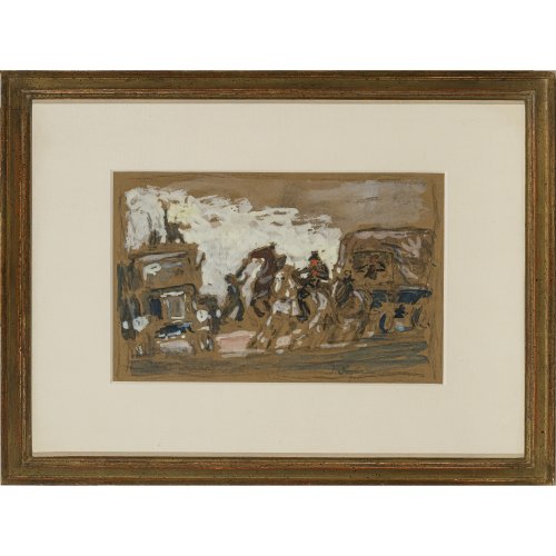 Seyler, Julius. Durchgehendes Fuhrwerk. Öl/Papier. 14 x 22 cm. Sign.