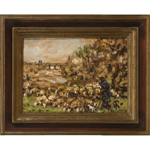 Seyler, Julius. Schäfer mit seiner Herde. Öl/Hartfaser. 22,5 x 30 cm. Sign.