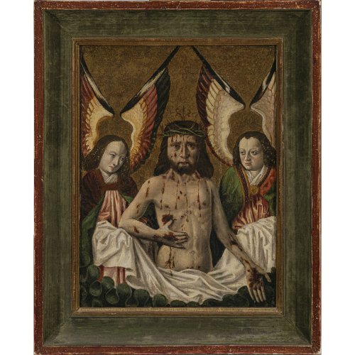Tafelbild, Deutsch, 16. Jh. Christus als Ecce Homo. Öl/Holz. 33,2 x 24,8 cm. Rest., unsign., rücks. dat. 1506.