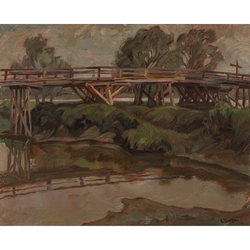 Protzen, Carl Theodor. Brücke. Öl/Lw. 72 x 89 cm. Sign. Rücks. Klebeetikett.