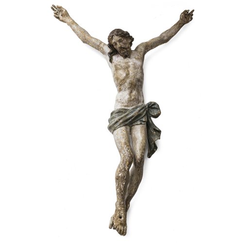 Corpus Christi. Bayern, 18. Jh. Übergangene Farbfassung. Rest. H. 77 cm. Ein Fingerglied fehlt.