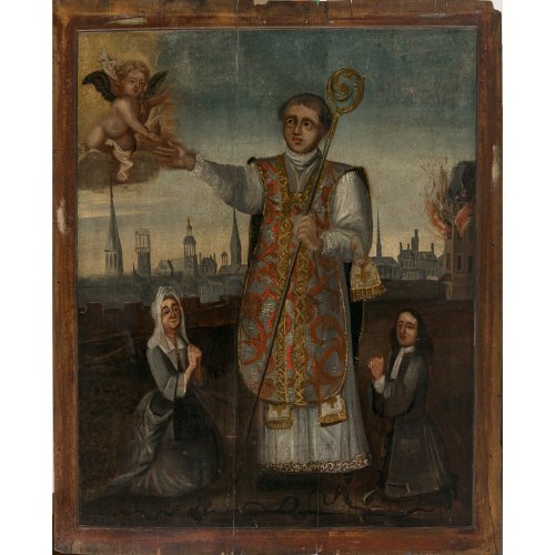 Spanien, 18. Jh. Stifterbild. Heiliger mit Rauchmantel und Krummstab, daneben zwei Votantan (Stifter). Öl/Holz. Rest.