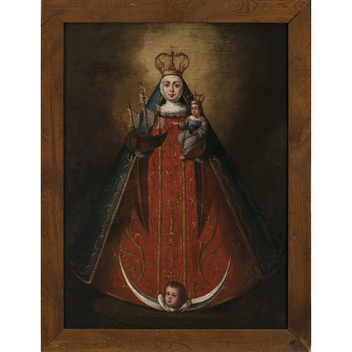 Spanien, 18. Jh. Muttergottes mit Kind und einem Schiff. Öl/Lw. 82 x 60 cm. Doubl., rest. Unsign.