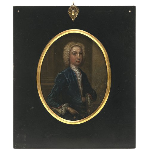Miniatur. Deutsch, 18. Jh. Porträt eines Kavaliers mit Allongeperücke und dunkelblauem Samtrock. Öl/Kupfer. 13 x 10 cm. Unsign.