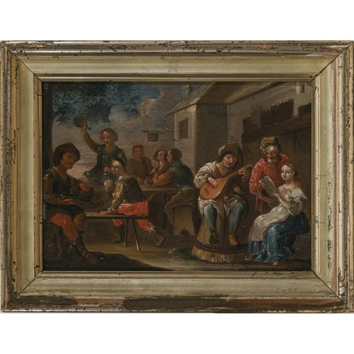 Niederlande, 18. Jh. Zwei Szenen eines dörflichen Festes. Öl/Holz. Je ca. 19,5 x 28 cm. Rest., unsign.