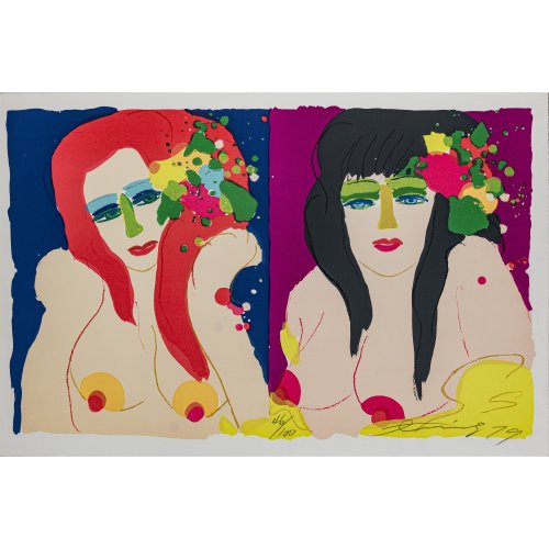 Ting, Walasse. Zwei Mädchen. Farblithografie. 48 x 69,5 cm. Aufl. 46/100. Sign.