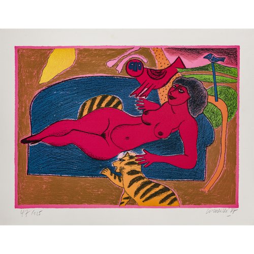 Corneille. Mädchenakt mit Raubtier, Vogel und einer Eule. Farblithografie. 50 x 65 cm (Blatt). 40,8 x 56,6 cm (Plattenmaß). Aufl. 47/125. Sign., dat. 87.