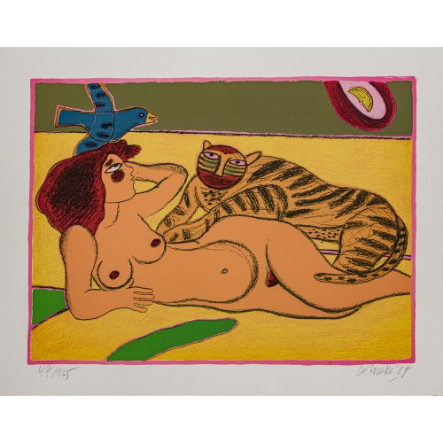 Corneille. Liegender Mädchenakt mit Raubtier, Vogel und dem Mond. Farblithografie. 50,5 x 65 cm (Blatt). 41 x 56,5 cm (Plattenmaß). Aufl. 47/125. Sign., dat. 87.
