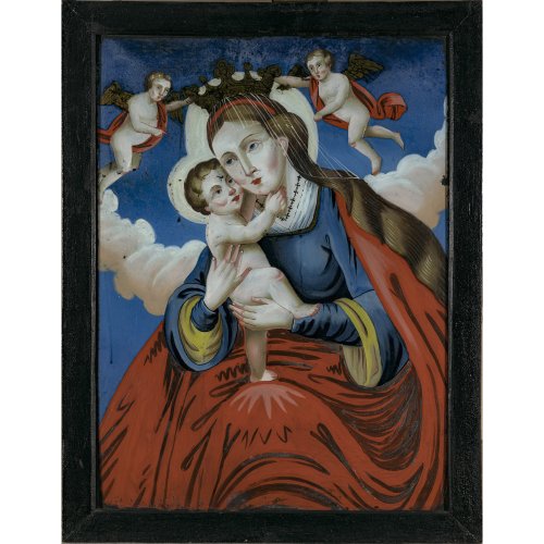 Hinterglasbild. Süddt., 19. Jh. Gnadenbild Maria Hilf. Tempera/Glas. 66 x 50 cm. Farbablösungen.
