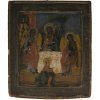 Ikone. Russland, Mitte 19. Jh. Darstellung der Trinität und Gastfreundschaft von Abraham. Tempera/Holz. Ca. 31 x 26 cm. Besch.,  Alterungsspuren.