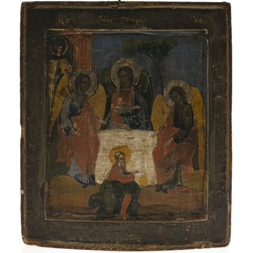 Ikone. Russland, Mitte 19. Jh. Darstellung der Trinität und Gastfreundschaft von Abraham. Tempera/Holz. Ca. 31 x 26 cm. Besch.,  Alterungsspuren.