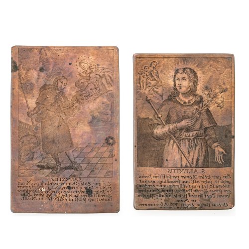 Zwei Kupferstich-Druckplatten. Jeweils Szenen aus dem Leben des hl. Alexius. Kupfer. Je ca. 12 x 7,5 cm.