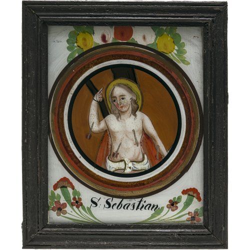 Hinterglasbild. Oberammergau, 19. Jh. Hl. Sebastian. Tempera/Glas. 24 x 19 cm. Farbabsplitterungen.