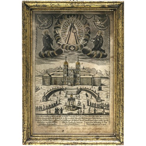Schweiz, 18. Jh. Spickelbild, Darstellung der Wallfahrt zu Einsiedeln. Kupferstich als Spickelbild ausgeschnitten, hinterlegt mit Textil und goldener Metallfolie. Dat. 1793. 33,5 x 22,5 cm. Alterungs- und Gebrauchsspuren.