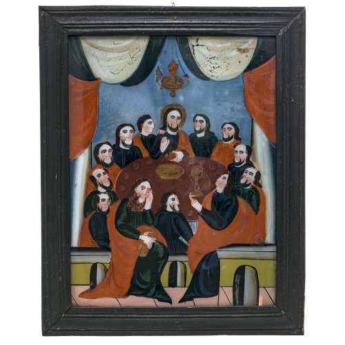 Hinterglasbild. Buchers/Sandl, 19. Jh. Letztes Abendmahl. Tempera/Glas. 40,5 x 31,5 cm. Farbablösungen.