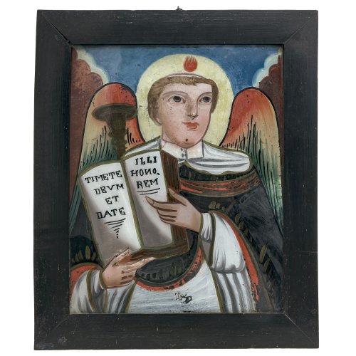 Hinterglasbild. Süddeutsch, 19. Jh. Darstellung des Vinzenz Ferrer, valencianischer Dominikaner. Tempera/Glas. 40 x 32,5 cm. Farbablösungen, Bruchstück rechts unten.
