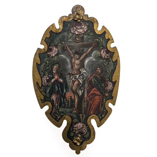 Süddt., 19. Jh. Handleuchter, Öl/Eisen. Darstellung des Gekreuzigten. 28,5 x 18 cm. Verwitterungs- und Alterungsspuren.