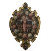 Süddt., 19. Jh. Rücks. dat. 1816. Handleuchter, Öl/Eisen. Darstellung einer Schutzmantelmadonna. 28 x 18,5 cm. Verwitterungs- und Alterungsspuren.