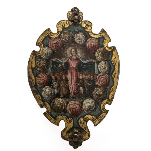 Süddt., 19. Jh. Rücks. dat. 1816. Handleuchter, Öl/Eisen. Darstellung einer Schutzmantelmadonna. 28 x 18,5 cm. Verwitterungs- und Alterungsspuren.