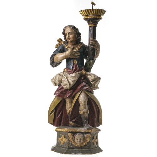 Leuchterengel. Süddt., Anfang 18. Jh. Holz, übergangene Farbfassung. H. ca. 71 cm. Rep., best., Reste von Wachs.