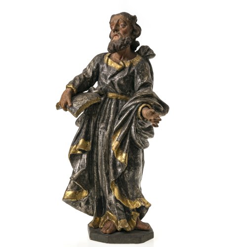 Hl. Petrus. Süddt., 18. Jh. Holz, übergangene Farbfassung. H. ca. 56 cm. Rep., ein kleiner Finger geklebt, ein Zeigefinger fehlend, Alterungsspuren.