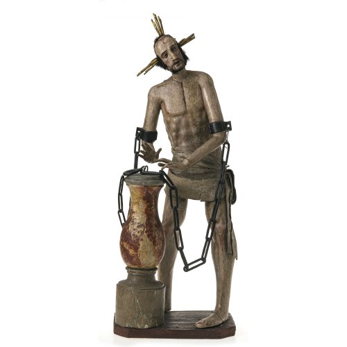Christus an der Geißelsäule. Süddt., 19. Jh. Holz, übergangene Farbfassung. H. ca. 73 cm. Besch., rep.