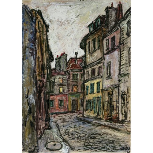 Welden, Leo von. Pariser Straßenszene in Montmartre. Mischtechnik/Papier. 85,5 x 60,5 cm. Sign. und dat. 62.