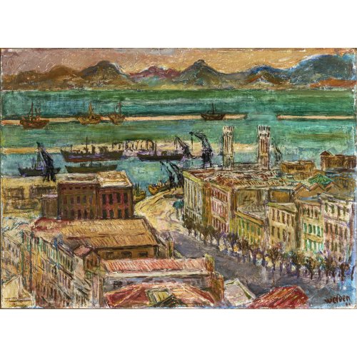 Welden, Leo von. Hafen von Genua. Öl/Hartfaser. 66,5 x 90 cm. Sign. und dat. 62. Atelierspuren.