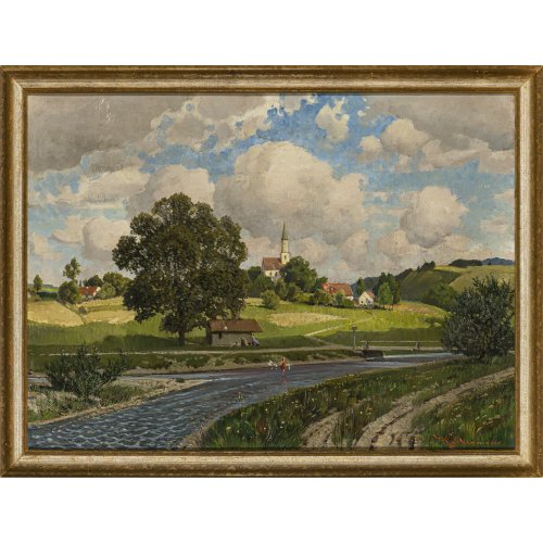 Kaltenmoser, Karl. Sommerpartie aus dem Dachauer Hinterland. Öl/Lw. 48 x 64 cm. Sign.