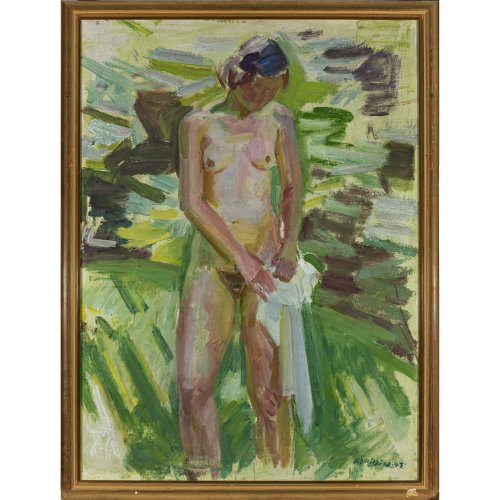 Hilkier, Knud Ove. Mädchenakt im Schilf. Öl/Lw. 92 x 68 cm. Sign., dat. 47. Rücks. Klebeetikett mit Signatur.