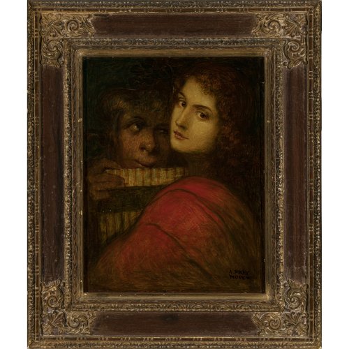 Frey-Moock, Adolf. Junges Mädchen mit rot gelocktem Haar einem Pan lauschend. Öl/Holz. 45 x 35 cm. Sign. Minim. best.