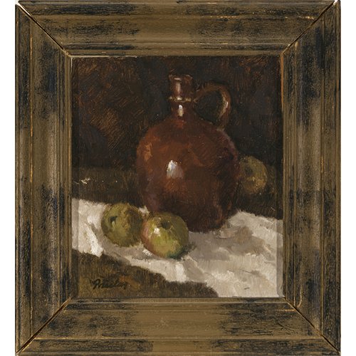 Paulus, Paul. Früchtestillleben mit Krug. Öl/Karton. 13 x 11,5 cm. Sign. Feine Atelierspuren.
